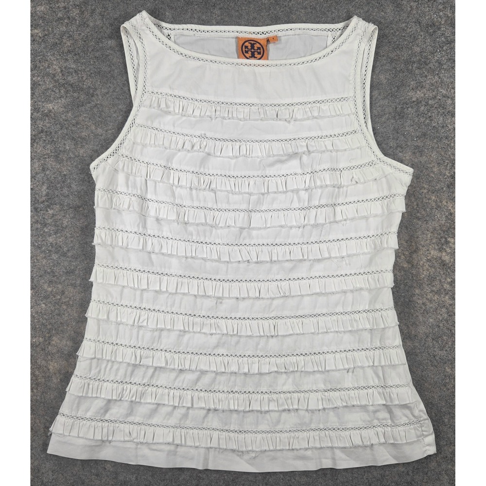 Tory Burch White Tiered Ruffle Ladder Lace Sleeveless Top Size 4 Boat Neck